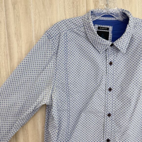 Prana Shirt Men Large Slim Fit Blue Button Down Geometric Casual Preppy Outdoors - Picture 4 of 14
